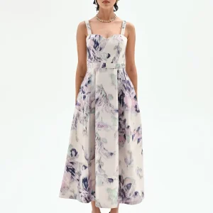 Abito midi a fiori astratti bianco panna