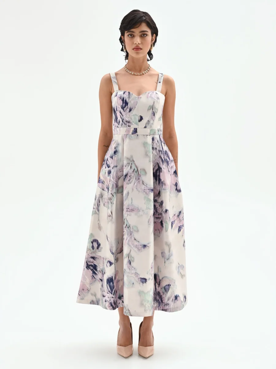 Abito midi a fiori astratti bianco panna – Image 2