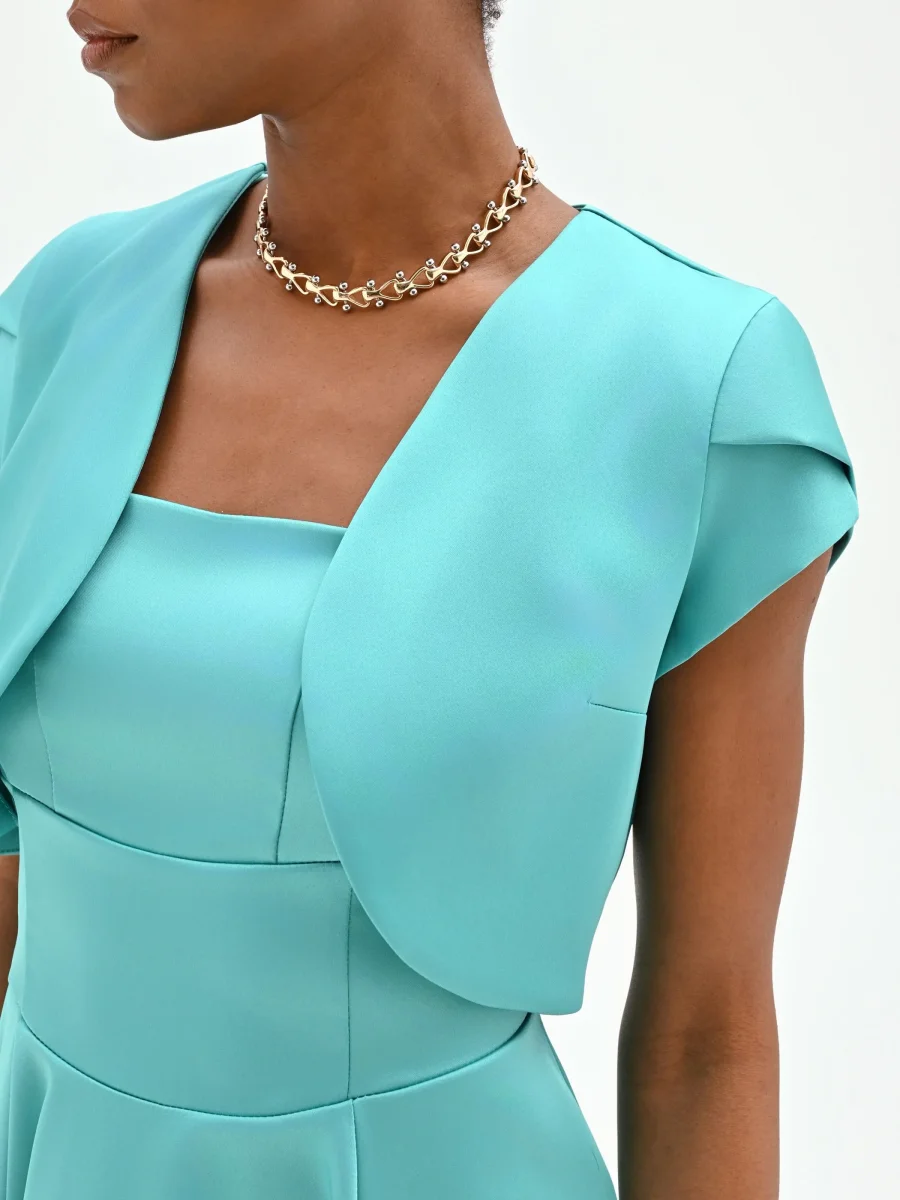 Coprispalla bolero turchese azzurro con maniche a cappuccio – Image 4