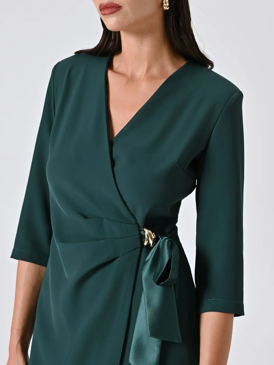 Abito Wrap con Nastri in Raso e decoro Gioiello Verde – Image 4