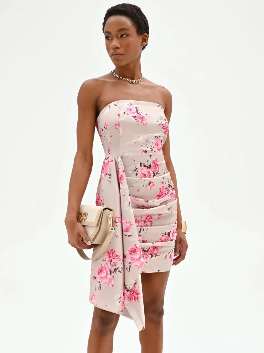 Mini abito rosa con stampa floreale e drappeggio – Image 7