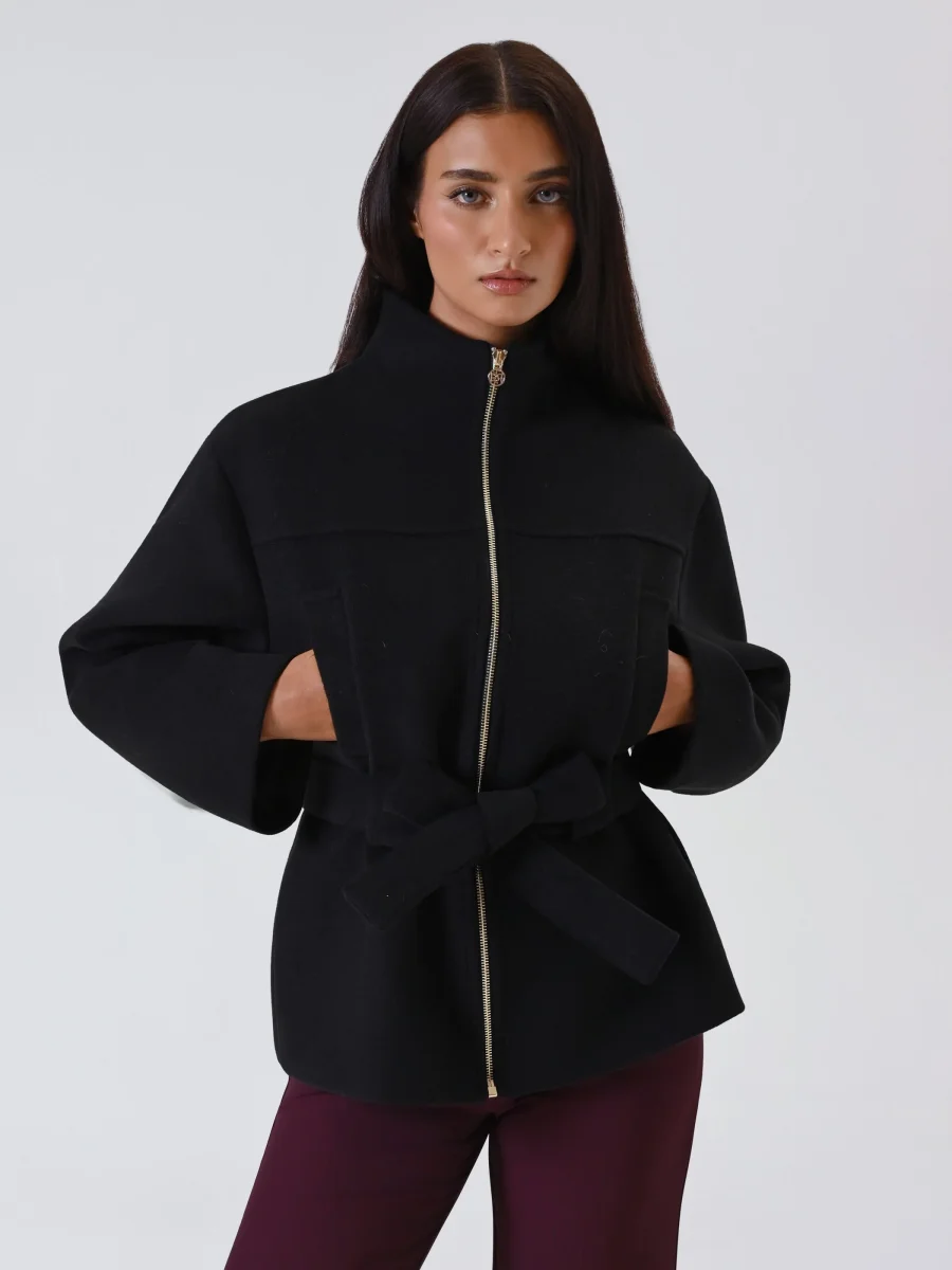 Cappotto Corto Nero con Cintura – Image 5
