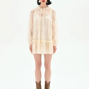 Mini abito in pizzo panna bianco con balza