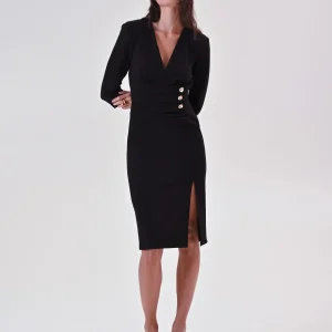 Tubino Nero con Banda Drappeggiata e Bottoni Design