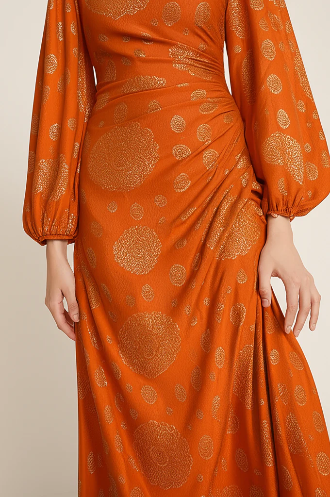 Robe Orange À Motifs Dorés Élégante – Image 5