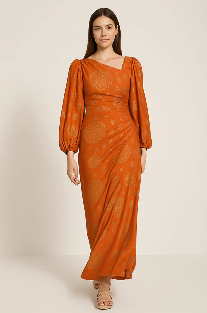 Robe Orange À Motifs Dorés Élégante – Image 6