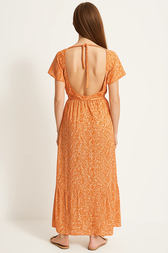 Robe Longue Fleurie Orange – Image 3
