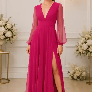 Robe Demoiselle D'Honneur Rose Manche Longue